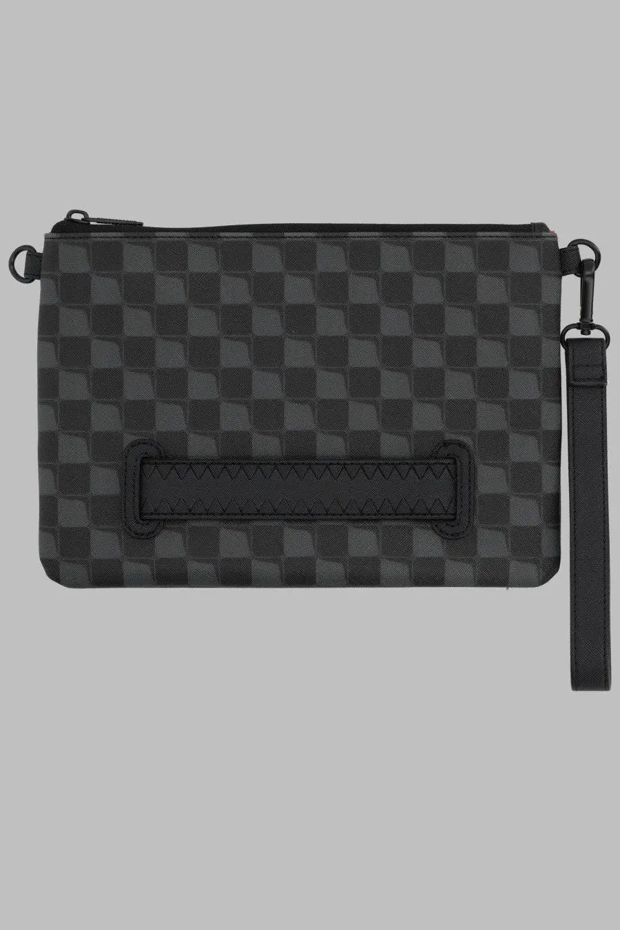 Sprayground unisex pochette con black clutch in black checkered textured pattern with stitched handle strap