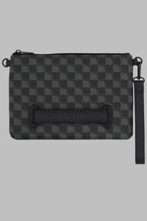 Sprayground unisex pochette con black clutch in black checkered textured pattern with stitched handle strap