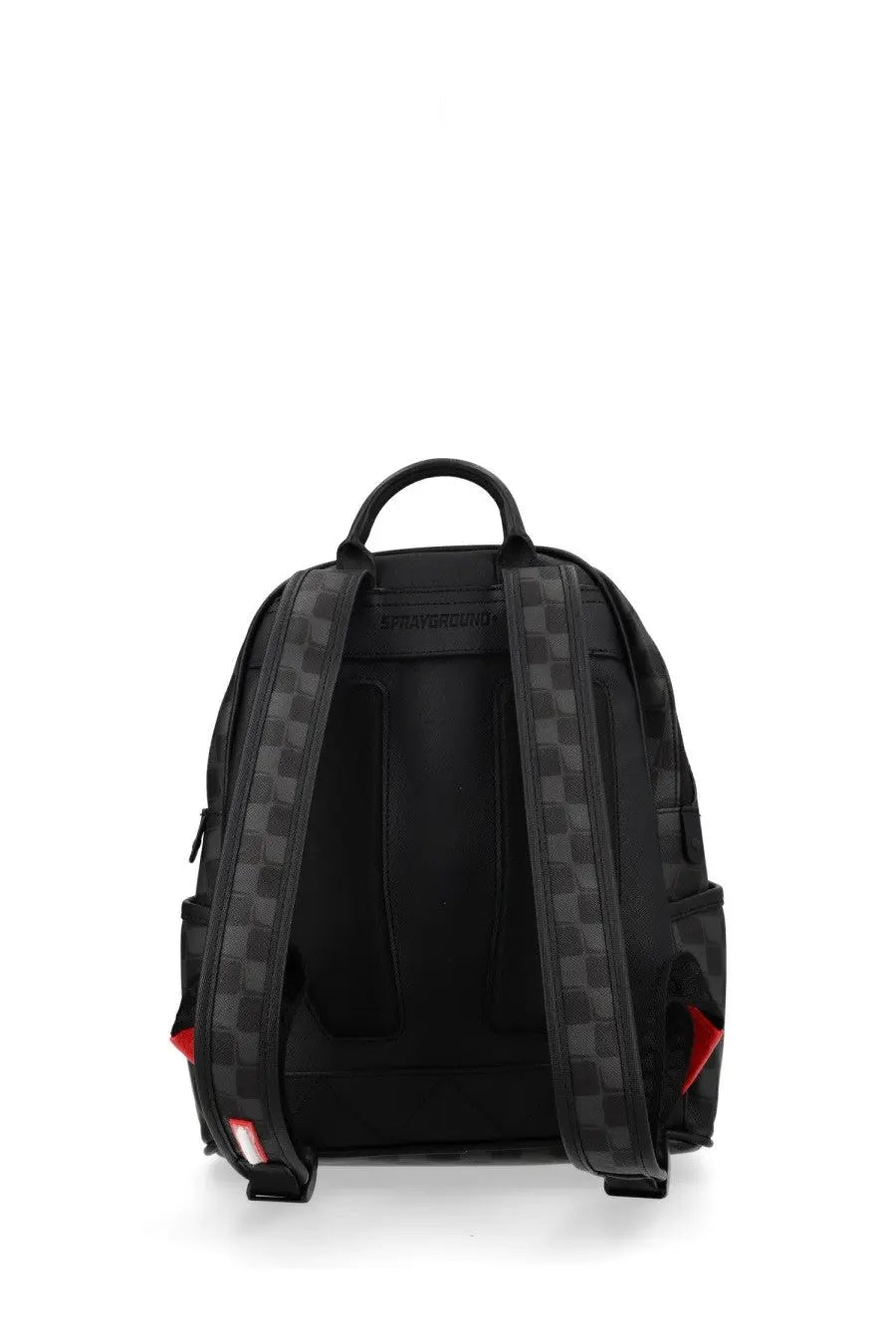 Black Sprayground unisex backpack with gray checkered straps red accents and sleek design from Sharks in Paris Balloon multicolor collection