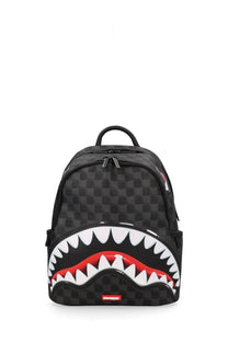 Black checkered Sprayground unisex backpack with bold wide-mouthed shark graphic featuring white teeth and red gums