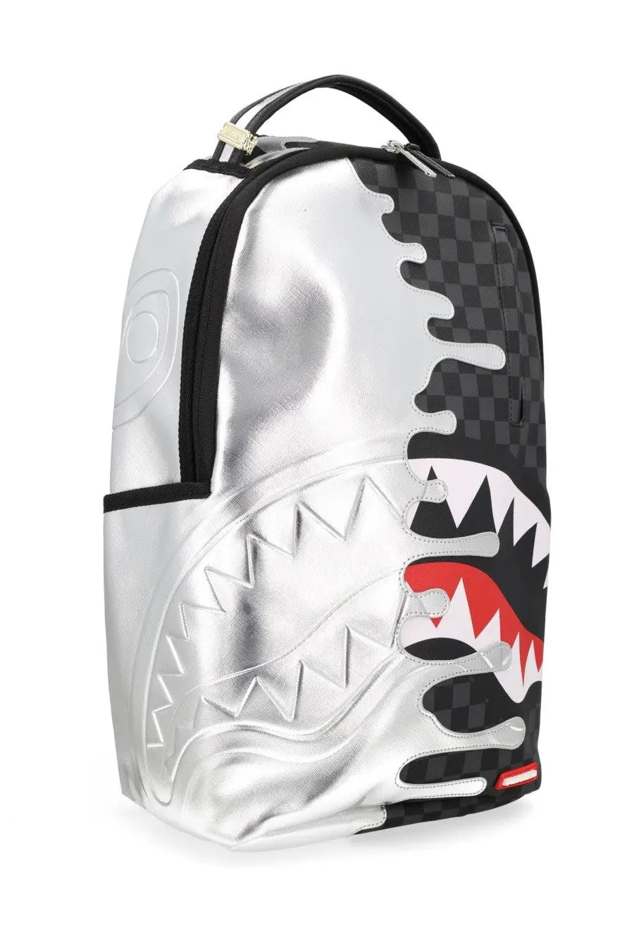 Sprayground unisex silver side drip backpack with silver and black checkered shark mouth design and red teeth accents