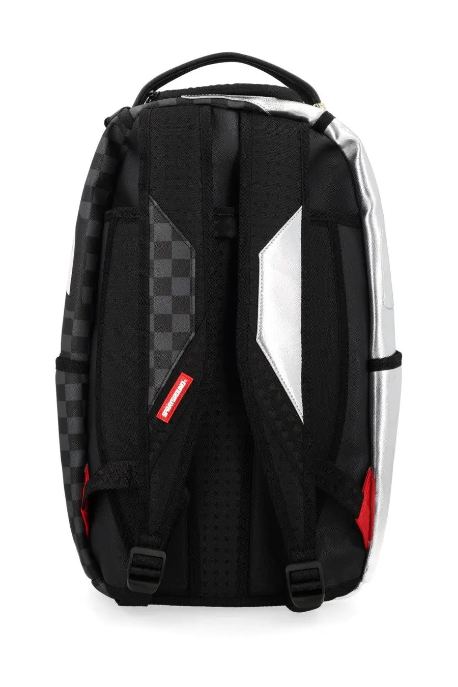 Sprayground unisex silver side drip backpack in black and silver with checkered accents red tag and reflective panels