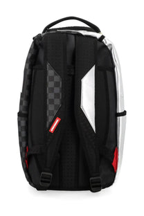Sprayground unisex silver side drip backpack in black and silver with checkered accents red tag and reflective panels