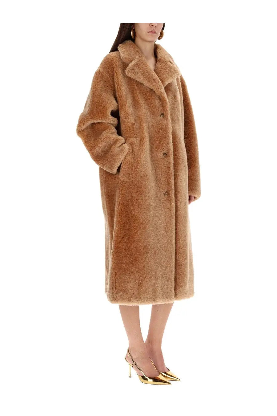Stand Studio women’s coat Gabriella beige plush tan faux fur with wide collar and button closure
