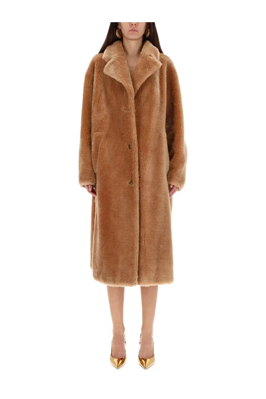 Stand studio women’s coat gabriella beige tan plush faux fur with matching collar and front button closure