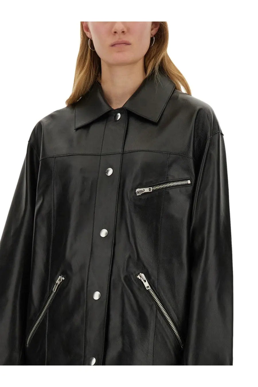 Stand Studio women’s jacket elisia black faux leather with silver zippers and buttons front view
