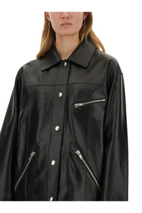 Stand Studio women’s jacket elisia black faux leather with silver zippers and buttons front view