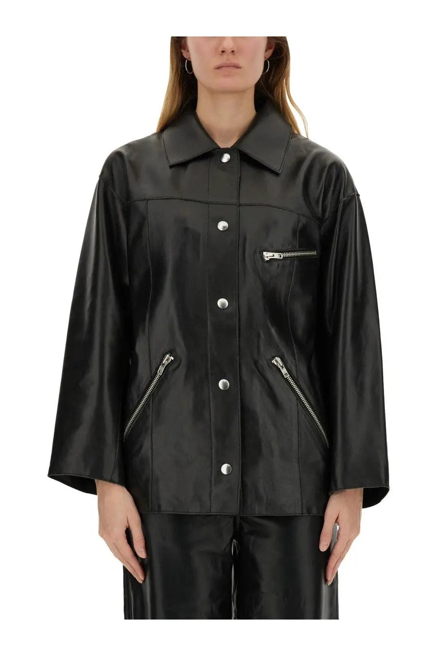 Stand studio women’s jacket elisia black black faux leather jacket with silver buttons and zippers