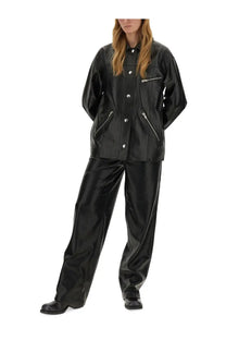 Stand studio women’s black faux leather jacket elisia with silver zippers and buttons shown from the back
