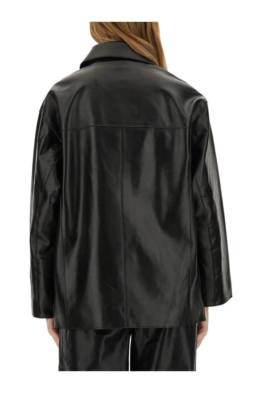 Stand Studio women’s jacket elisia black glossy leather jacket with structured collar and clean seam lines