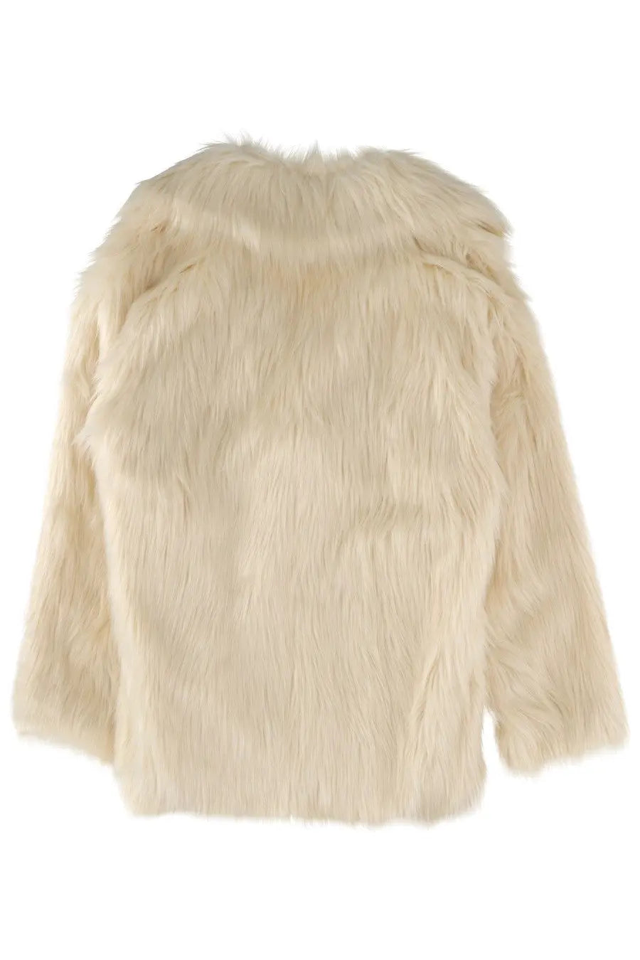 Cream-colored faux fur coat with plush texture and long sleeves from stand studio women’s jacket katalina white