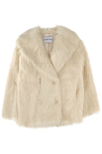 Cream-colored faux fur double-breasted coat with plush texture and matching buttons stand studio women’s jacket katalina white