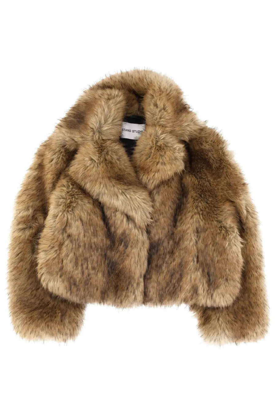 Stand Studio women’s jacket Samara beige plush tan faux fur cropped coat with wide collar and long sleeves