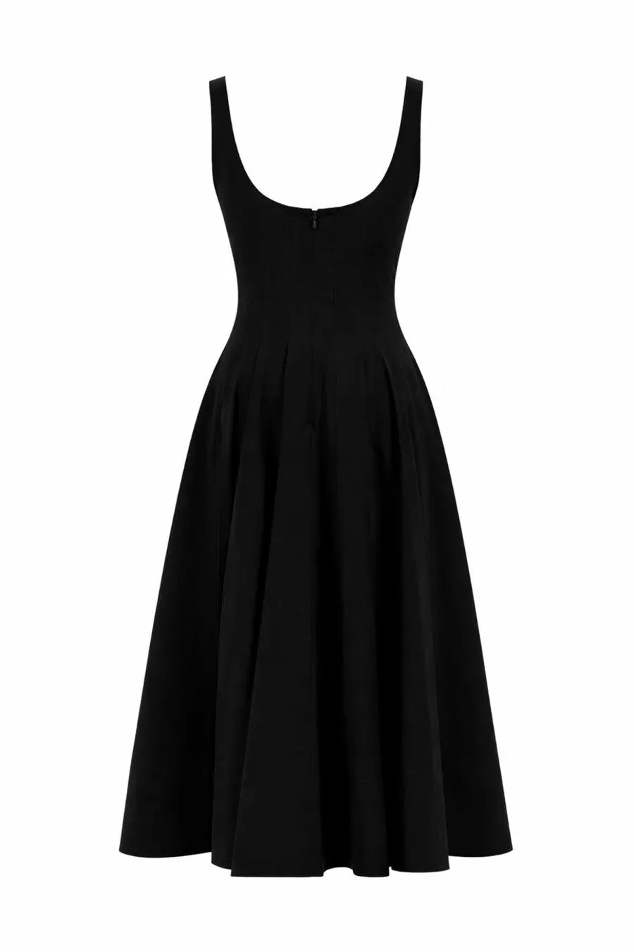 Black sleeveless a-line dress with rounded neckline and pleated skirt from Staud women’s Abito Ellison collection