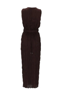 Staud women’s abito midi mizu brown sleeveless dark brown pleated maxi dress with fitted waistband and back zipper viewed from back