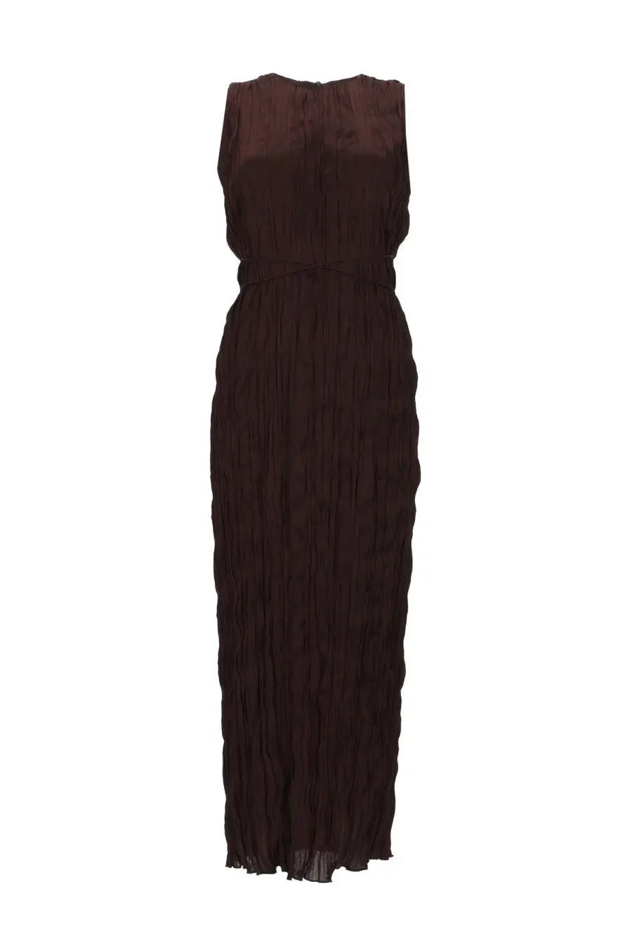 Staud womens abito midi mizu brown sleeveless floor-length dress with vertical pleats and fitted waistband