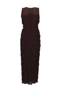 Staud womens abito midi mizu brown sleeveless floor-length dress with vertical pleats and fitted waistband