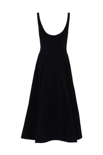 Black sleeveless midi dress with rounded neckline and flowing skirt by Staud women’s abito midi wells black