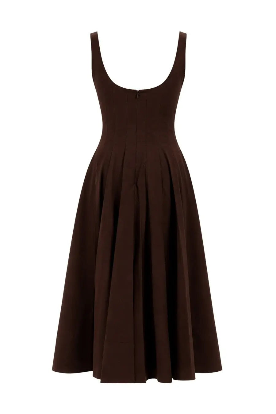 Staud women’s abito midi wells brown sleeveless dress with fitted bodice and flared skirt in sleek dark brown fabric