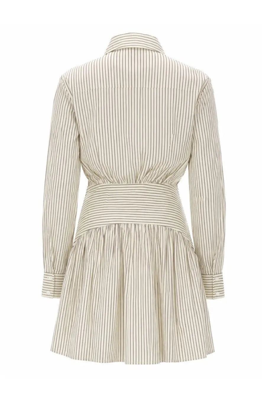 Cream-colored Staud women’s Abito Mini Rocco dress with thin black vertical stripes, collar, long sleeves, and cinched waist