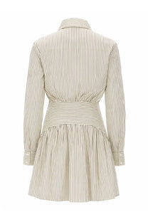 Cream-colored Staud women’s Abito Mini Rocco dress with thin black vertical stripes, collar, long sleeves, and cinched waist