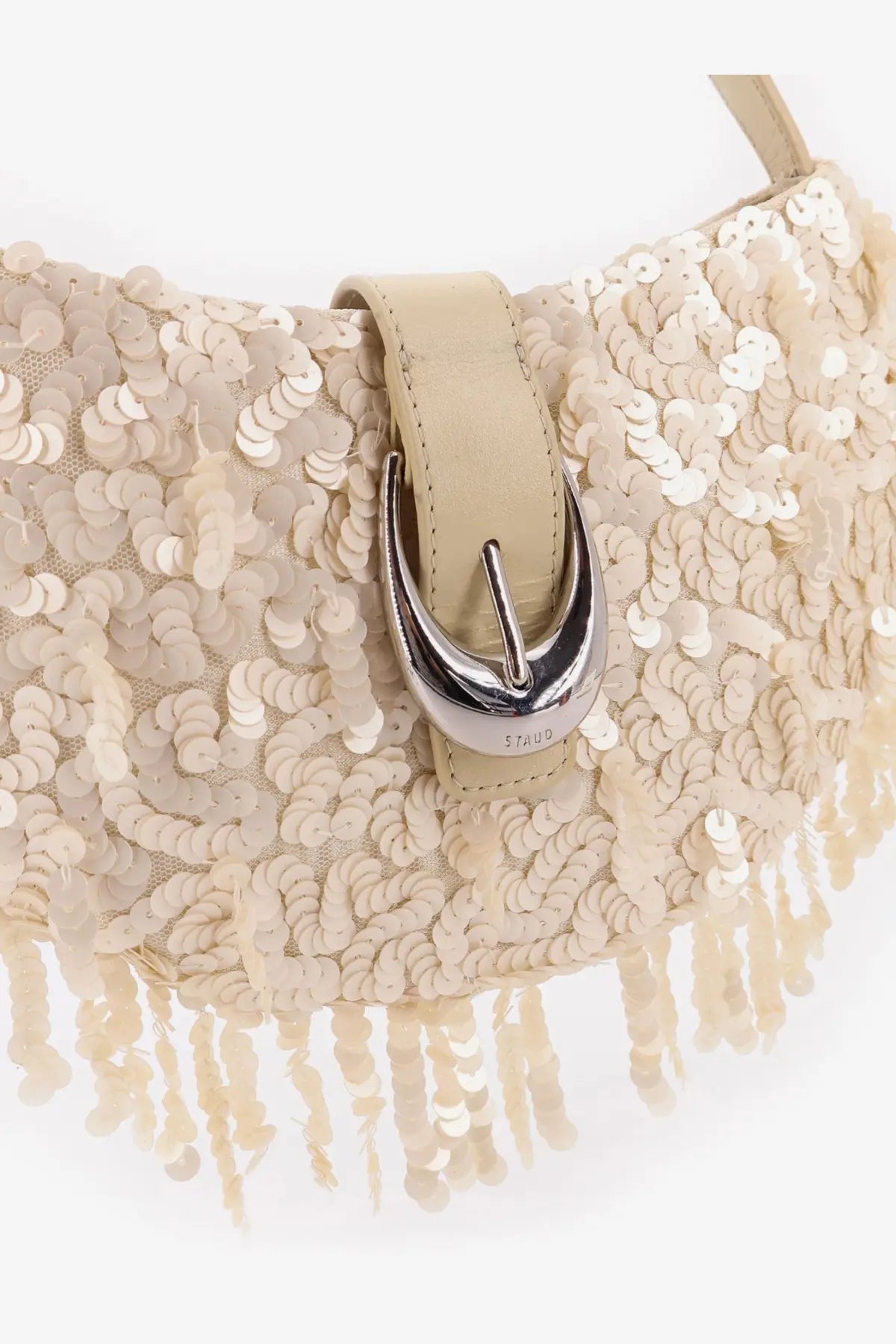 Beige sequined staud women’s alana shoulder bag with silver buckle and fringe detailing white color