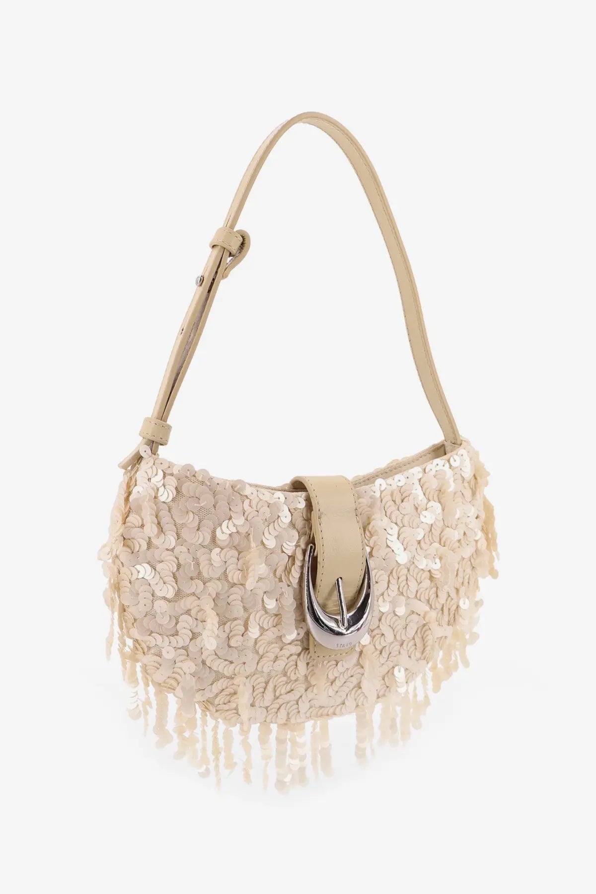 Beige sequined fringe shoulder bag with silver-toned buckle from Staud womens Alana bag collection white color