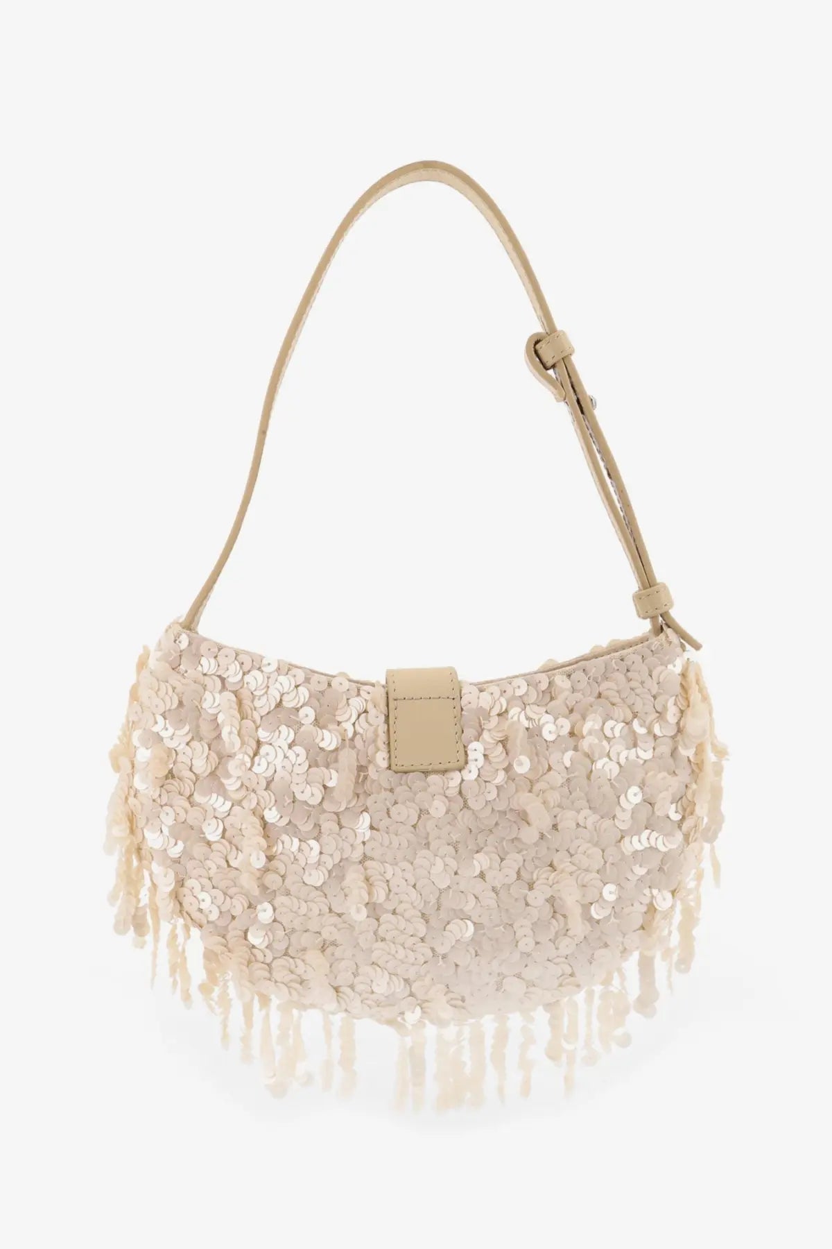 Staud women’s alana cream-colored sequined shoulder bag with fringe detail and matching leather strap