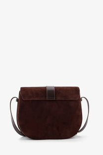 Staud women’s bella saddle suede crossbody bag in brown with dark brown leather strap and flap closure
