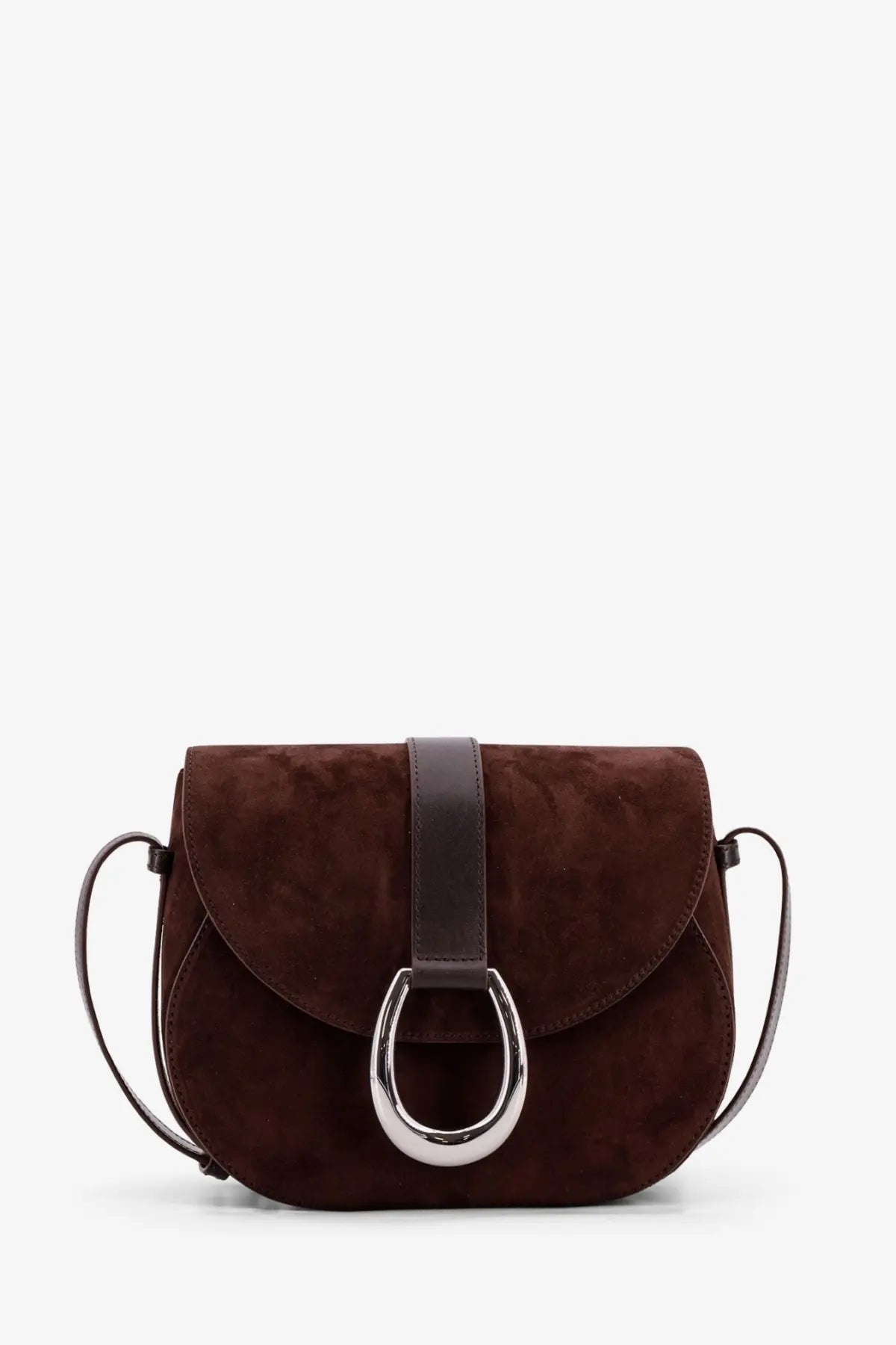 Staud women’s Bella saddle crossbody bag in brown suede with dark brown leather strap and silver ring closure