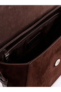 Staud women’s bella saddle suede crossbody bag in brown with silver-toned button closure and zipper lining