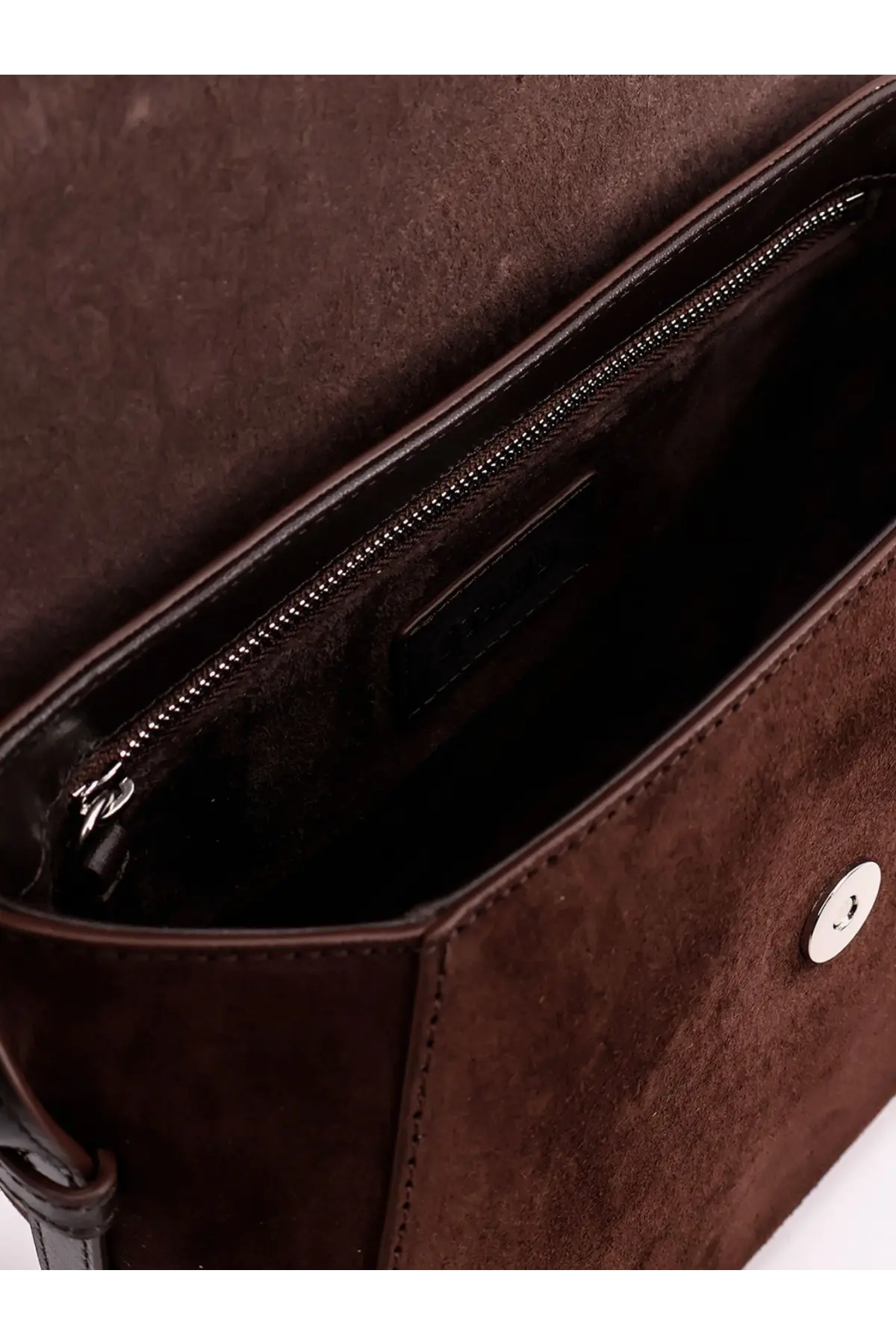 Staud women’s bella saddle brown suede crossbody bag with silver button closure and zipper lining
