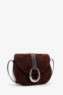 Staud women’s Bella saddle suede crossbody bag in brown with silver-toned ring clasp and dark brown leather strap