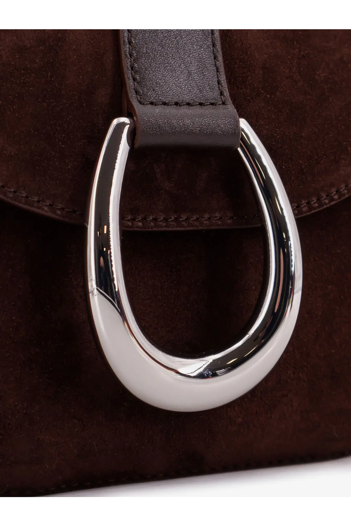 Staud womens bella saddle suede crossbody bag brown featuring a sleek silver horsebit clasp on rich brown suede