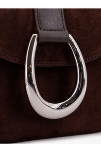Staud womens bella saddle suede crossbody bag brown featuring a sleek silver horsebit clasp on rich brown suede