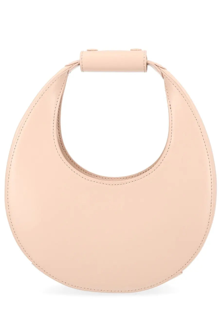 A sleek blush pink leather crescent mini handbag with a top handle from Staud women’s Borsa Moon collection