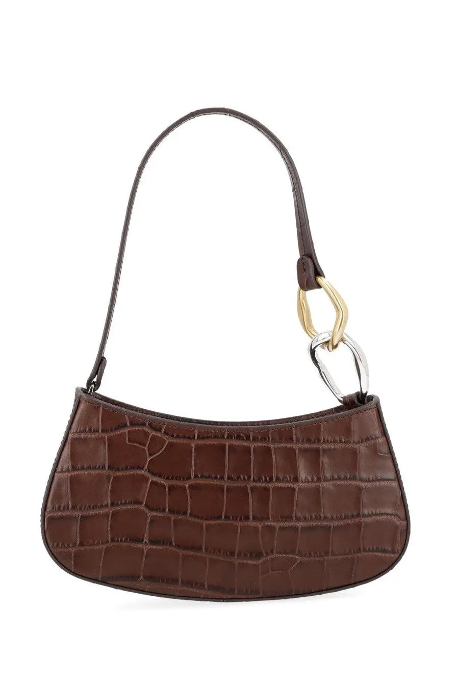Staud women’s borsa ollie brown brown crocodile embossed leather handbag with curved top handle and dual tone hardware