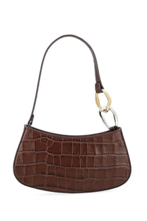 Staud women’s borsa ollie brown brown crocodile embossed leather handbag with curved top handle and dual tone hardware
