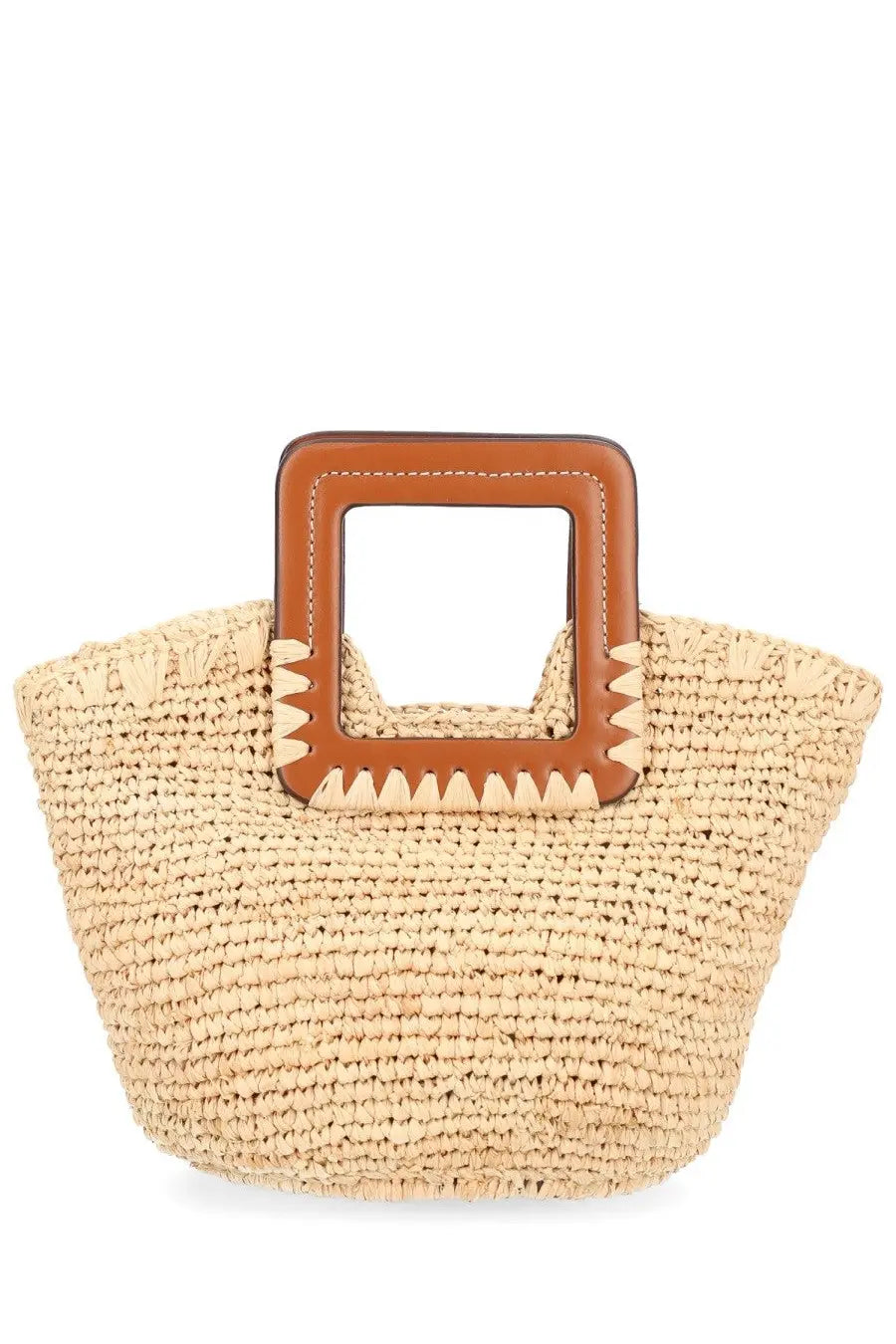 Beige woven straw tote bag with structured rectangular brown leather handle from Staud Women’s Borsa Shirley Mini collection
