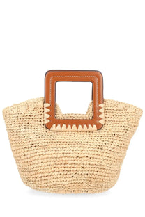 Beige woven straw tote bag with structured rectangular brown leather handle from Staud Women’s Borsa Shirley Mini collection