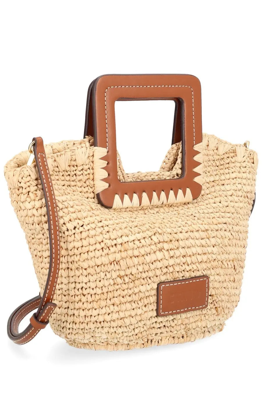 Beige woven straw tote bag with brown leather handles and matching shoulder strap from Staud womens borsa shirley mini beige