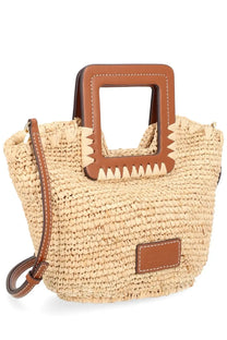 Beige woven straw tote bag with brown leather handles and matching shoulder strap from Staud womens borsa shirley mini beige