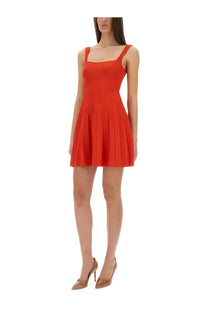 A vibrant orange pleated mini dress with square neckline and thin straps from Staud womens Ellison short dress red collection