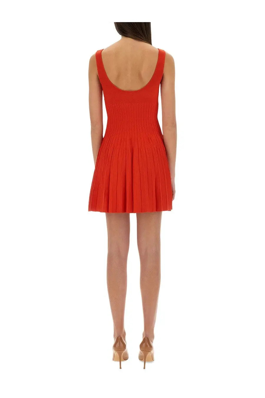 A vibrant red sleeveless pleated mini dress with a fitted bodice and flared skirt by Staud Women Ellison Short Dress