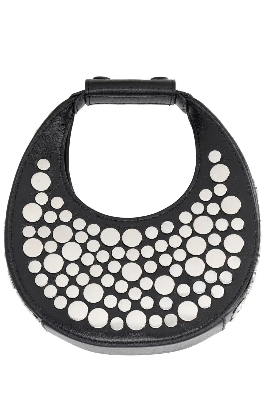 Staud women’s good night moon bag black black leather circular handbag with white circular stud pattern