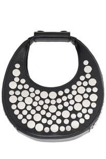 Staud women’s good night moon bag black black leather circular handbag with white circular stud pattern