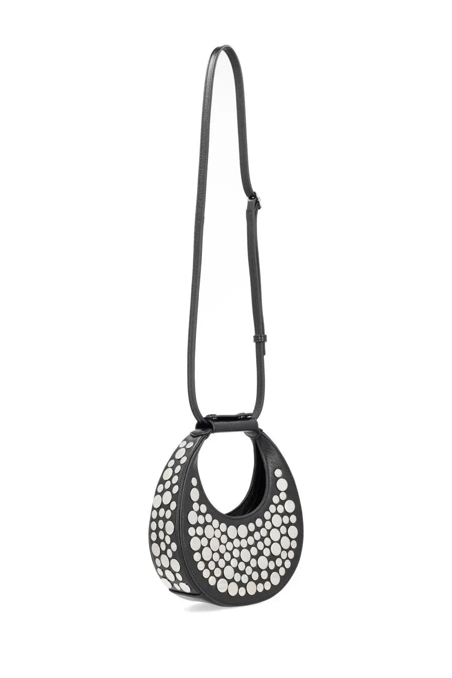 Staud women’s good night moon bag black leather with circular shape and white studded dotted pattern