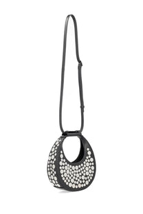 Staud women’s good night moon bag black leather with circular shape and white studded dotted pattern