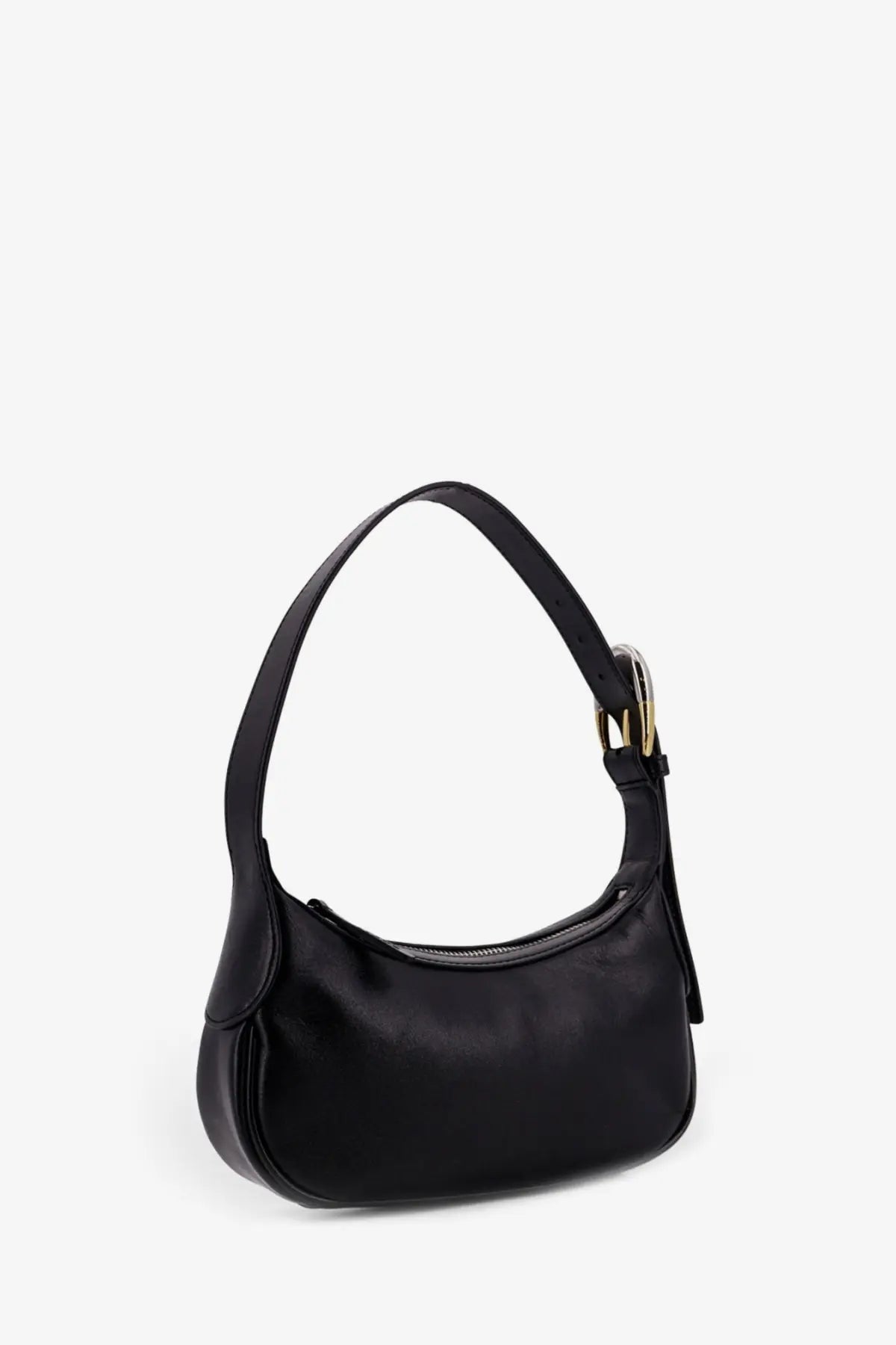Black leather hobo bag by staud featuring gold-tone buckle and zipper closure for women