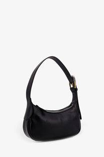 Black leather hobo bag by staud featuring gold-tone buckle and zipper closure for women
